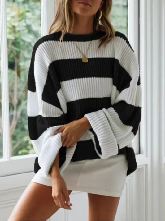 Autumn And Winter O Neck Long Sleeve Striped Sweater For Women  Fashion Bell Sleeve Loose Knitted Sweaters Y2k Preppy style