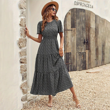 Spring Summer Tierred Dress Women Midi Dresses Female Short Sleeve Elastic Waist Printed Floral Pleated Backless Casual Dress