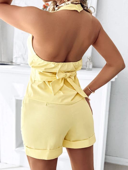 2 Pieces Summer Outfits V Neck Button Front Sleeveless Tank and Casual Pocket Design Shorts Set