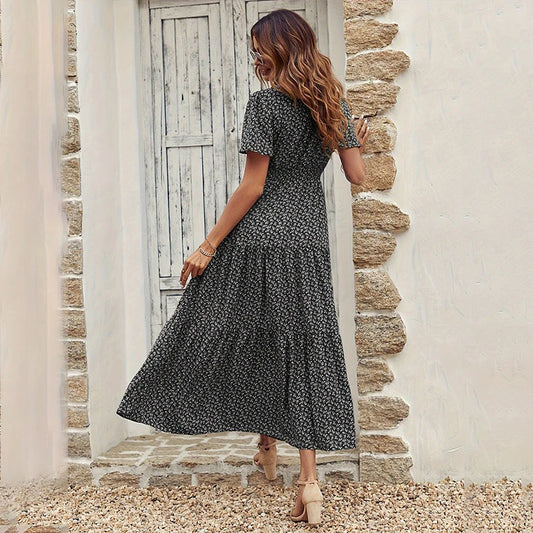 Spring Summer Tierred Dress Women Midi Dresses Female Short Sleeve Elastic Waist Printed Floral Pleated Backless Casual Dress