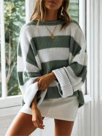 Autumn And Winter O Neck Long Sleeve Striped Sweater For Women  Fashion Bell Sleeve Loose Knitted Sweaters Y2k Preppy style